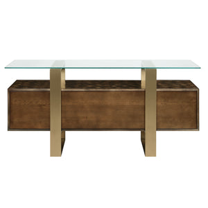 English Elm Mabyn Brass & Antique Brown Console Cabinet with Tempered Glass Top, 4 Doors, 2 Drawers, Adjustable Shelf B2726P263770