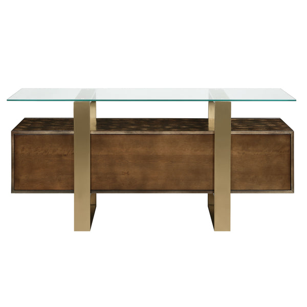 English Elm Mabyn Brass & Antique Brown Console Cabinet with Tempered Glass Top, 4 Doors, 2 Drawers, Adjustable Shelf B2726P263770