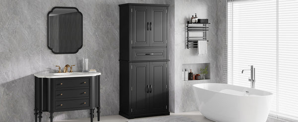 English Elm [video] Tall Matte Black Bathroom Cabinet with Drawer Adjustable Shelves and Door Racks N759P241667B