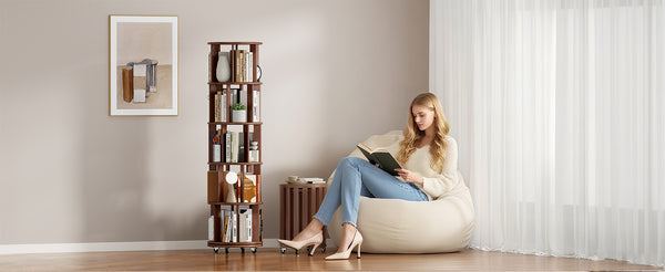 English Elm 100%solid Rubberwood Rotating Tower Bookcase with Locking Wheels 4 Tier Round Shelf W2987P337957