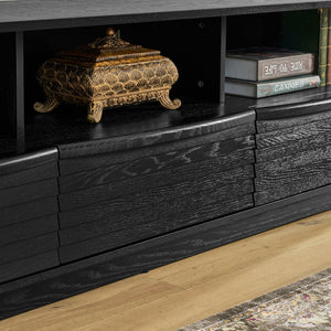 English Elm 63" Mid-Century Modern TV Stand for TVs up to 75" — Solid Wood Drawer Media Console, Louvered Farmhouse Design, Outlet Holes, Durable MDF Finish W1801P291993