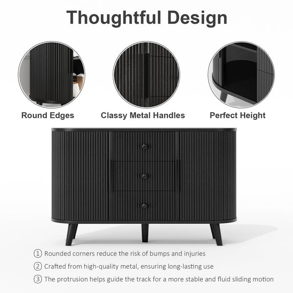 English Elm Sideboard Fluted Credenza with Three Drawers Two Doors Matte Black Modern Storage Black T3773P417309