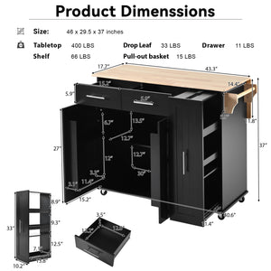 English Elm K&K Kitchen Island with Drop Leaf, Rolling Storage Cart with 3-Tier Pull-Out Organizer, Durable Wood Countertop Black WF531421AAB