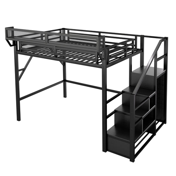English Elm Full Size Loft Bed With Stairs And Storage Shelves – Stylish Black Metal High Loft Bed For Kids & Teens W2580S00037