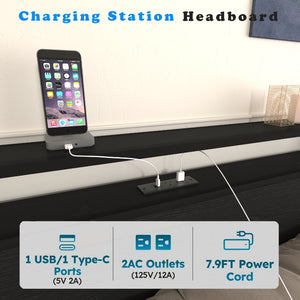 English Elm Queen Storage Bed Frame with 8 Drawers, LED Headboard, USB Charging, Metal Platform, Noise-Free Design W2129P369350