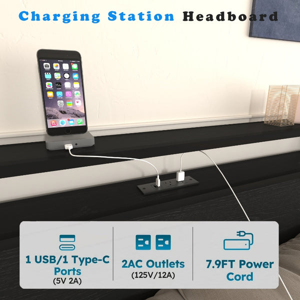 English Elm Queen Storage Bed Frame with 8 Drawers, LED Headboard, USB Charging, Metal Platform, Noise-Free Design W2129P369350