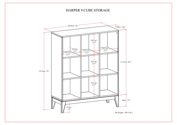 English Elm Harper Walnut Brown 9-Cube Storage Cabinet – Handcrafted Wood, Tapered Legs, Versatile Display & Organizing B136P238623
