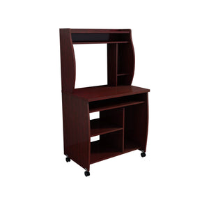 English Elm Microwave Rolling Cart with Hutch Shelves Sliding Tray and Locking Wheels for Kitchen Mahogany B107P306191