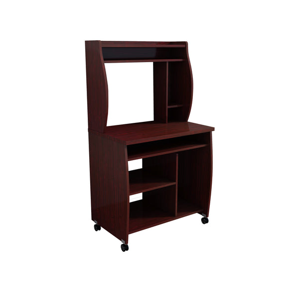 English Elm Microwave Rolling Cart with Hutch Shelves Sliding Tray and Locking Wheels for Kitchen Mahogany B107P306191