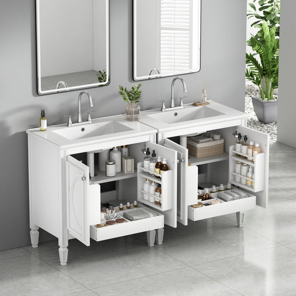 English Elm [video] 60 Inch Freestanding Double Sink Bathroom Vanity with Ceramic Basins Soft Close Storage White N759S226000K