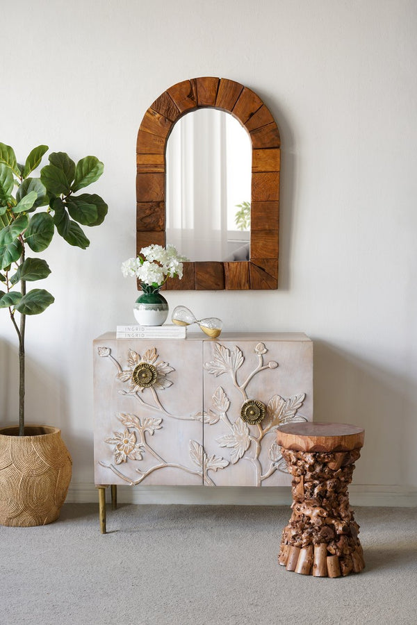 English Elm 11.8x11.8x18.1" Paulownia Wood Sculptural Side Table with Mosaic Hourglass Base W2078P461603