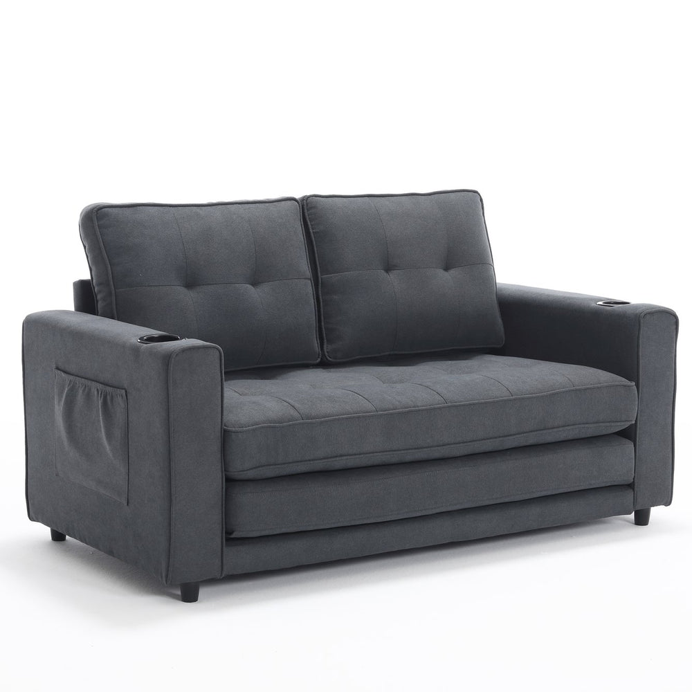 English Elm {VIDEO 3-in-1 Upholstered Futon Sofa Bed Convertible Loveseat with Tufted Back, Cup Holders & Side Pockets Dark Gray W2325P183181
