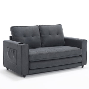 English Elm {VIDEO 3-in-1 Upholstered Futon Sofa Bed Convertible Loveseat with Tufted Back, Cup Holders & Side Pockets Dark Gray W2325P183181