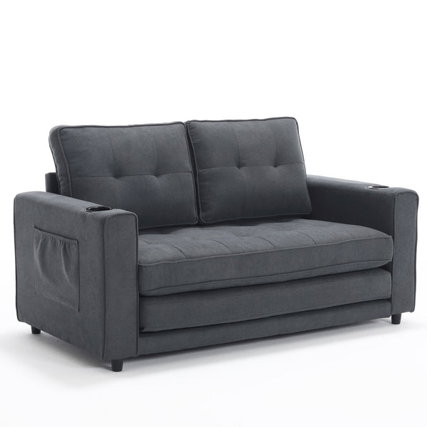 English Elm {VIDEO 3-in-1 Upholstered Futon Sofa Bed Convertible Loveseat with Tufted Back, Cup Holders & Side Pockets Dark Gray W2325P183181