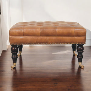 English Elm Solid Mango Wood Buffalo Leather Ottoman with Brass Studs and Castors for Living Rooms B182P279173