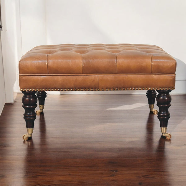 English Elm Solid Mango Wood Buffalo Leather Ottoman with Brass Studs and Castors for Living Rooms B182P279173