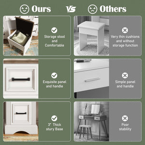 English Elm 47.2" Farmhouse Vanity Desk with Led Mirror Sliding Storage Stool 9 Drawers Oak White N704G202304A