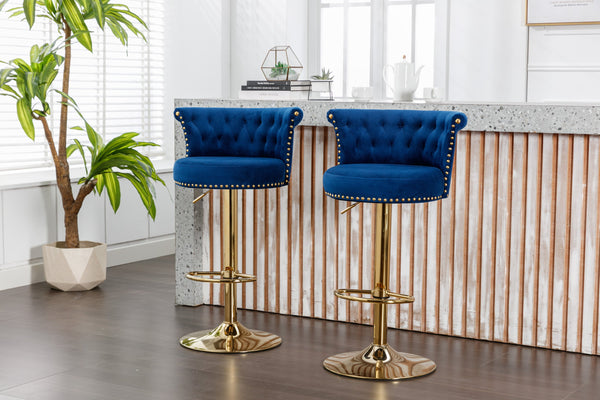 English Elm UNITED Velvet 360° Rotating Bar Chair with Diamond Stitching, Gold Frame, Plush Foam Seat, Adjustable Height Navy W1568P361717