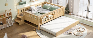 English Elm Twin Kids Platform Bed with Trundle Staircase Bookshelf and Rounded Safety Rails Light Natural W1580S00560