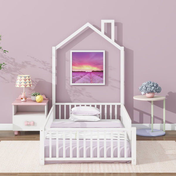 English Elm Twin House Metal Platform Bed with Guardrail & Chimney, White — Kids Playful Frame, Safe Sleep Design N709P203151K