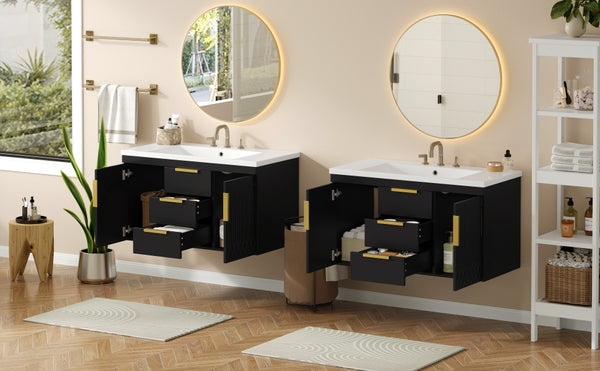 English Elm 72'' Wall Mounted Bathroom Vanity with 4 Drawers & Double Cabinets, Waterproof MDF, Smooth Slide Rails Black N710SS00009B