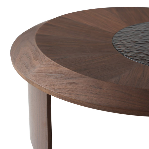 English Elm Tavola Modern Round Coffee Table Set with Walnut Veneer & Ripple Glass—Sturdy Two-Piece, Scratch-Resistant B341P321122