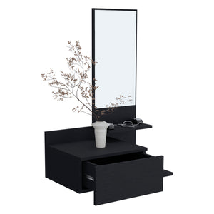 English Elm Vienna Floating Mirror Console Table with 3-Tier Shelves, Full-Extension Drawer, Modern Entryway Charm Black 31.5 L x 18.2 W x 6 H B200P240256