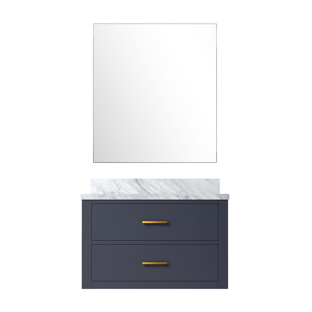 English Elm Blue Single-Sink Bathroom Vanity Set With Carrara Marble Top & Frameless Mirror For Elegant Style B2731S01425