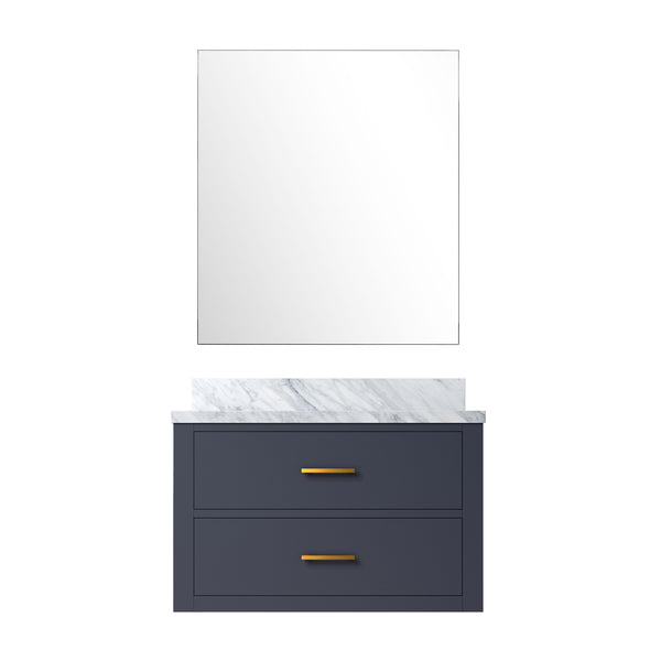 English Elm Blue Single-Sink Bathroom Vanity Set With Carrara Marble Top & Frameless Mirror For Elegant Style B2731S01425