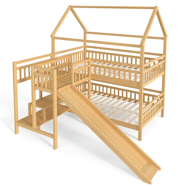 English Elm Full Bunk Bed with Trundle Bookshelf Storage Pine Frame Car Design for Kids Natural W1580S00303