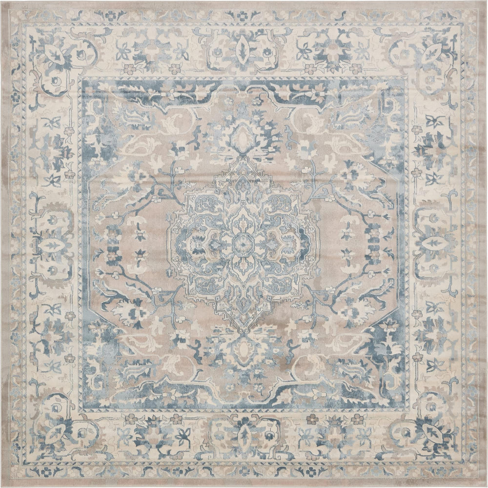 Unique Loom Paris Louisa Machine Made Border Rug Dark Gray, Beige/Blue/Cream/Light Blue/Light Brown 8' 0" x 8' 0"