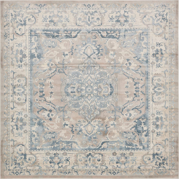Unique Loom Paris Louisa Machine Made Border Rug Dark Gray, Beige/Blue/Cream/Light Blue/Light Brown 8' 0" x 8' 0"