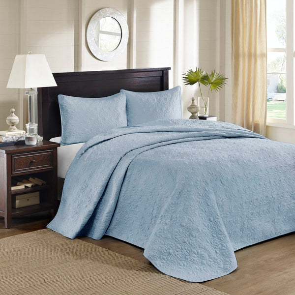 JLA Home Madison Park - 3 Reversible Bedspread Set with Quilted Stitch Texture, Oversized Elegant Drape & Antimicrobial Freshness Blue MP13-1563
