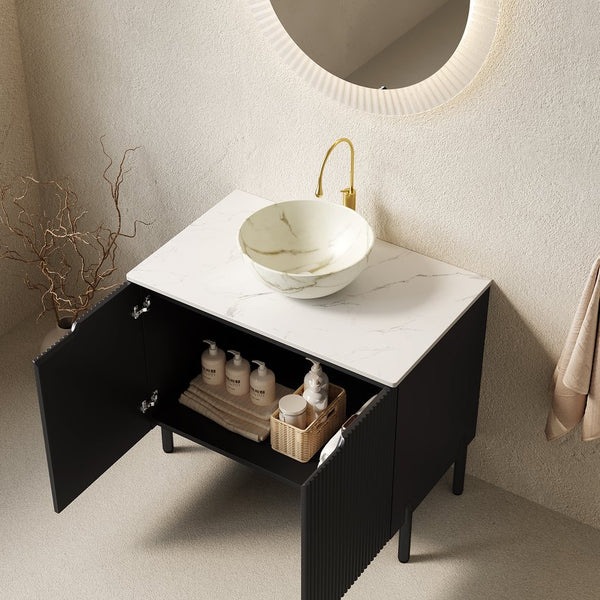 English Elm Turio Freestanding Bathroom Vanity Plywood Cabinet Sintered Stone Top Glass Basin W2615S00557