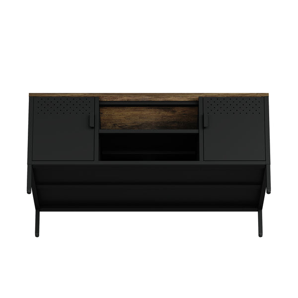 English Elm Landen 47" Metal Storage Cabinet with Wood Top and Cable Management — Sleek Industrial TV Console, Adjustable Legs Black B365P397848
