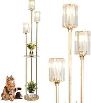 English Elm Gold Crystal Floor Lamp with Dual Shelves, Brass Mid-Century Standing Light, Foot Switch, 66" Tall W2738P400603