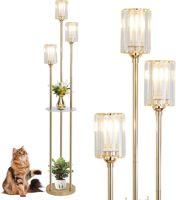 English Elm Gold Crystal Floor Lamp with Dual Shelves, Brass Mid-Century Standing Light, Foot Switch, 66" Tall W2738P400603