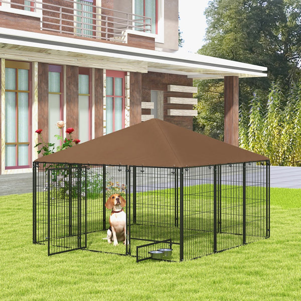 English Elm Pawhut Outdoor Steel Wire Dog Kennel with Canopy Roof and Rotating Feeding Bowl W2225P229078