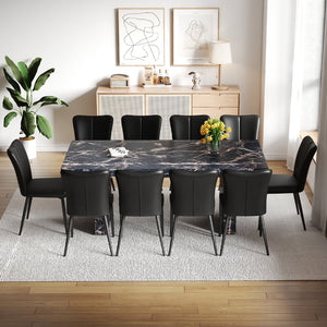 English Elm Table and Chair Set 10 Seat Mdf Black Marble Dining with Striped Pu Leather Chairs W1151S04140