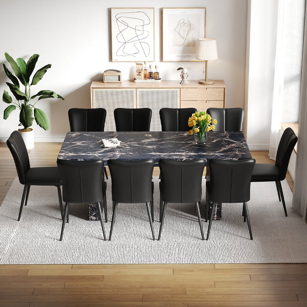 English Elm Table and Chair Set 10 Seat Mdf Black Marble Dining with Striped Pu Leather Chairs W1151S04140