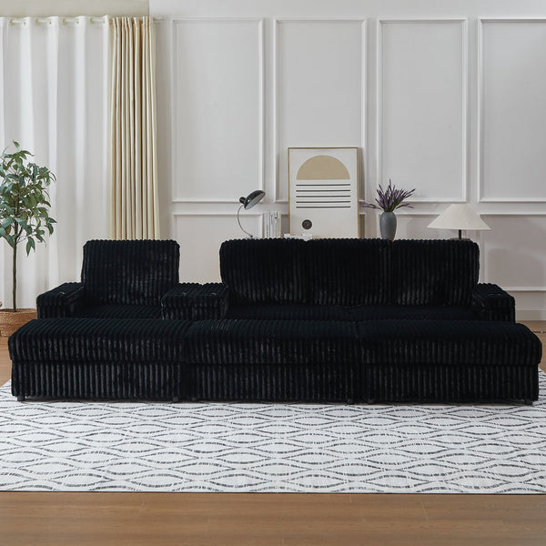 English Elm Corduroy minimalist coffee table conversion sofa set with cup grooves, recliner comfort and L-shaped layout for hosting Black W834S00547