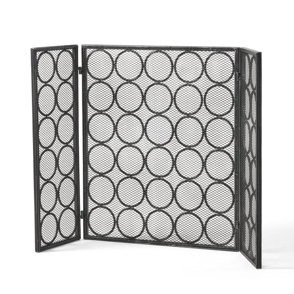 English Elm Christopher Knight Home® - FIRE Three-Panel Iron Firescreen Black Silver — Foldable Mesh Spark Guard with Chic Circular Pattern, 30" H 65179.00BLKSILV