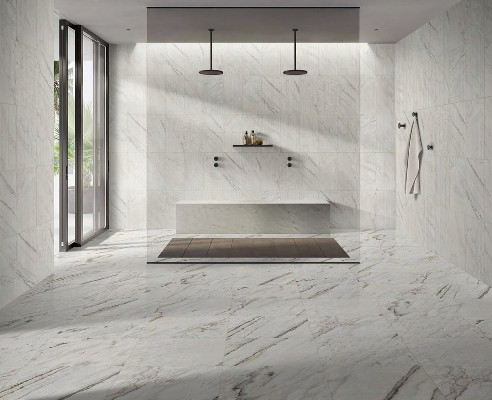English Elm 12*24 White Marble Wall Tiles - Textured 3D Fluted Finish For Luxe Interiors, 4 Genuine Pieces W1696P262333