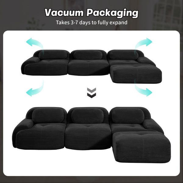 English Elm L-shaped Modular Corduroy Sectional Sofa Ergonomic Low Profile Living Room Seating Black W714S01276