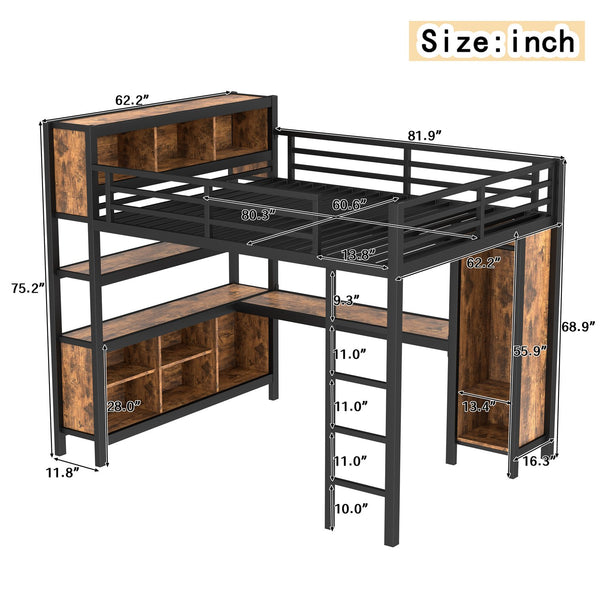 English Elm Metal Queen Loft Bed With L-Shaped Desk, Wardrobe, And Storage Cubes - Stylish Space Saver! W1580S00184