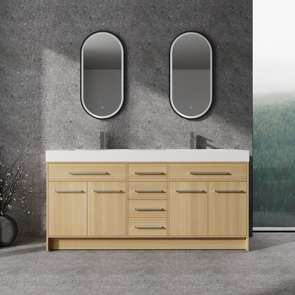 English Elm 72" Freestanding Bathroom Vanity with Double Resin Sink, Original Oak Finish, 4 Doors & 6 Drawers, Soft-Close W1972P315234