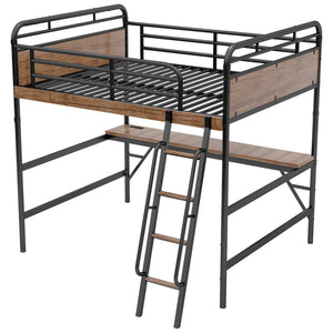 English Elm Full Size Metal Loft Bed with Desk, LED Light & Charging Station, MDF Panels, Safe Rounded Edges W2580P286695