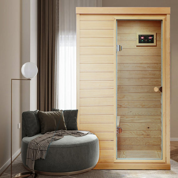 English Elm Hemlock Solid Wood Single Person Far Infrared Sauna with Bluetooth and Lcd Controls W632S00008