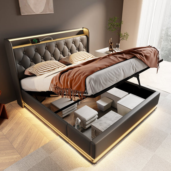 English Elm King Upholstered Bed with Surround LED, App/Remote Control, Hydraulic Storage, USB Type-C Charging Black N736P188808B