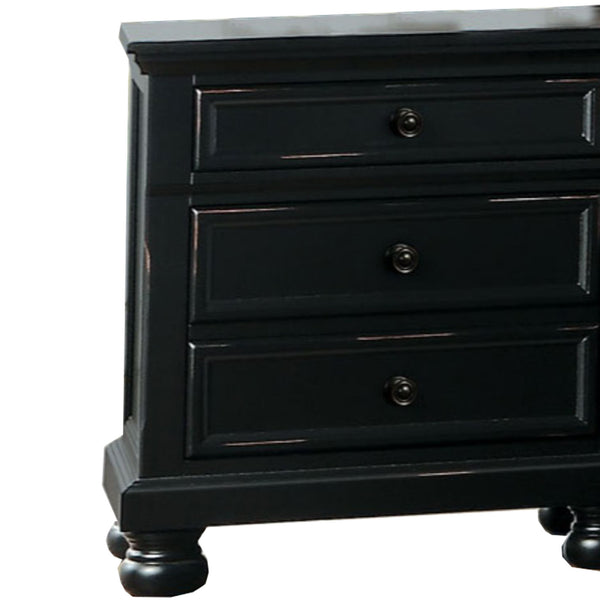 English Elm Transitional Black Wood Nightstand with Bun Legs and Three Drawer Hidden Storage B056P417105